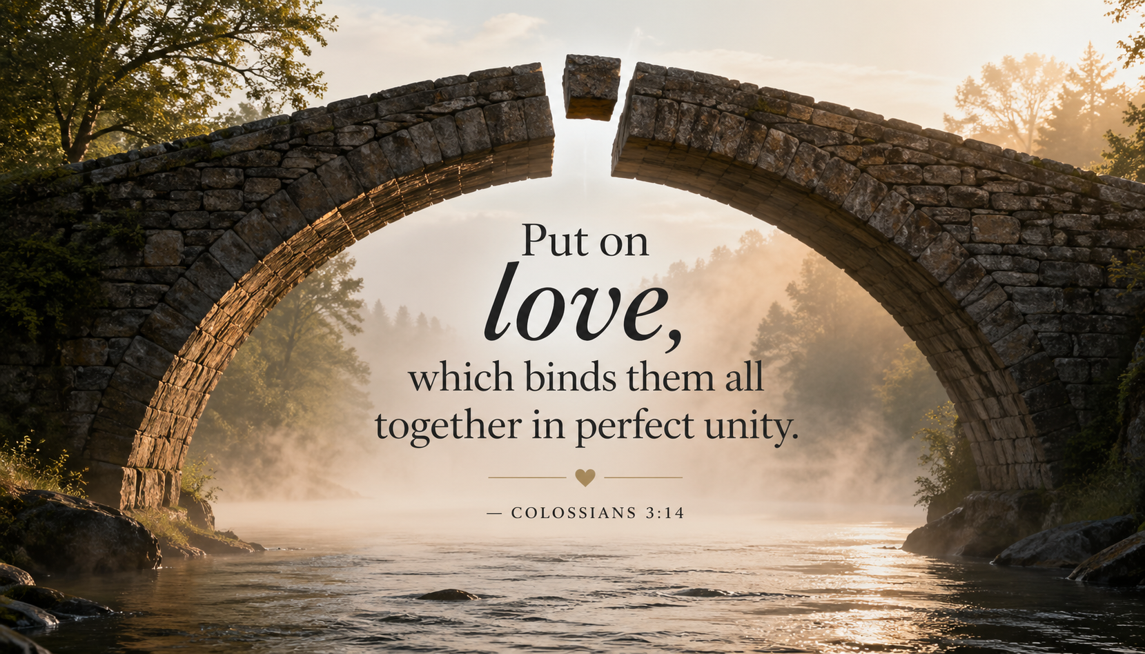 Colossians 3:14 verse on a stone arch bridge over river with golden morning mist and sunlight